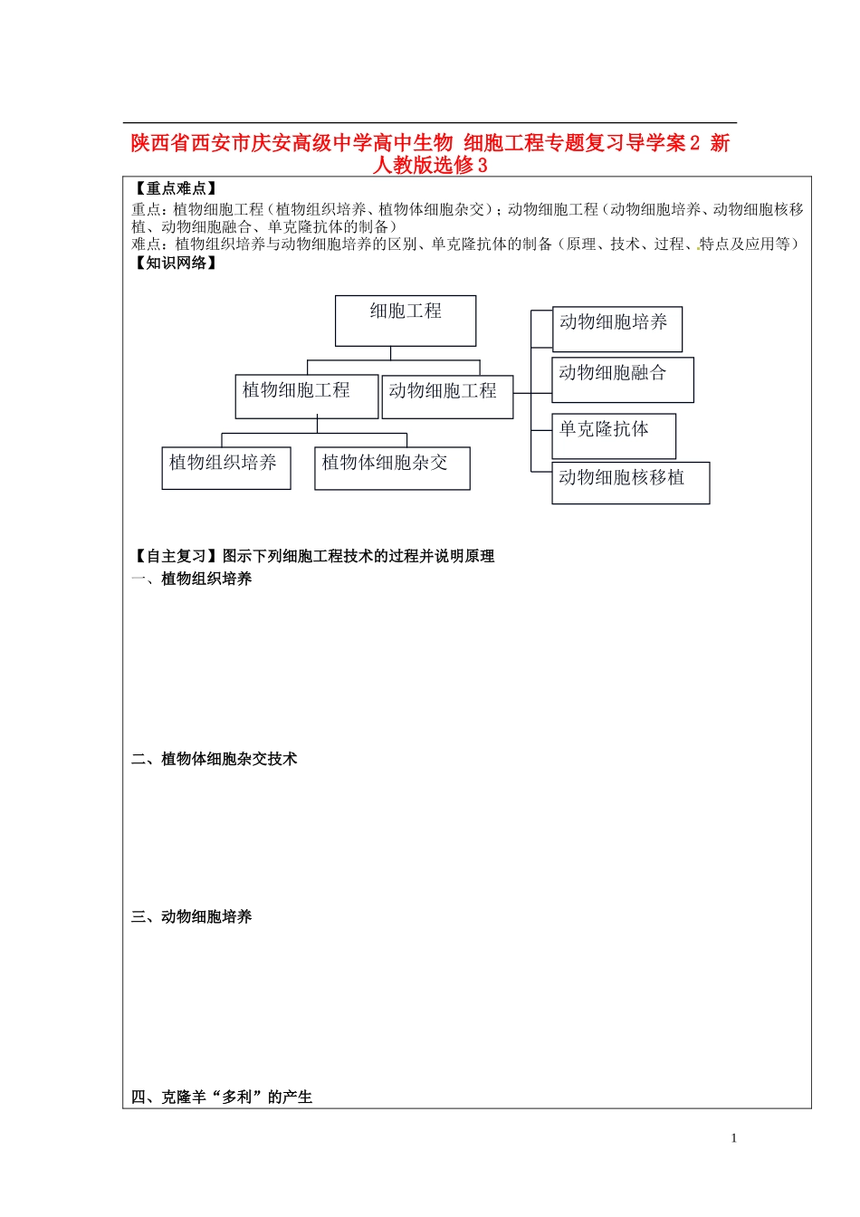 陕西省西安市庆安高级中学高中生物 细胞工程专题复习导学案2 新人教版选修3_第1页