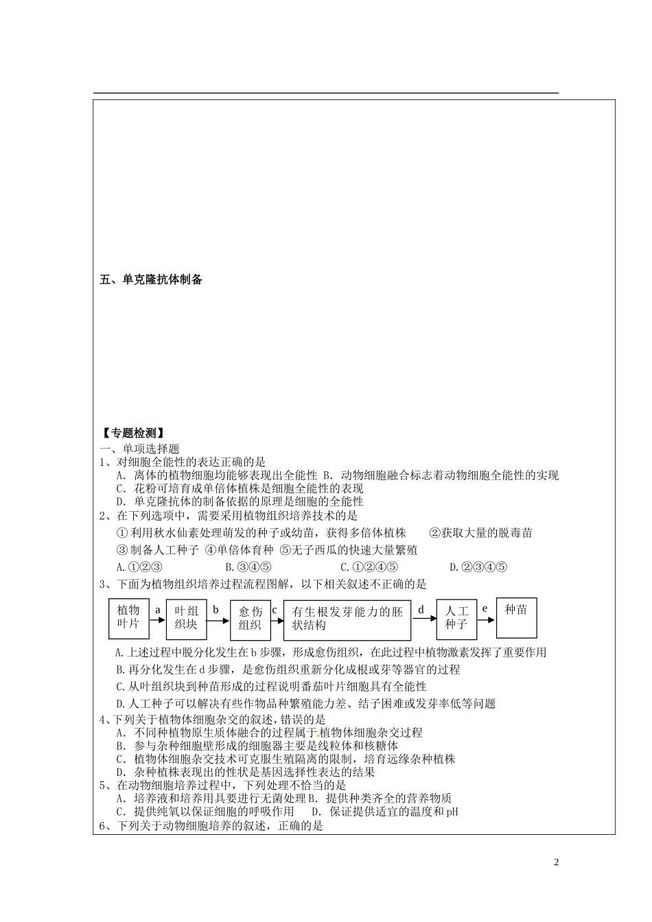 陕西省西安市庆安高级中学高中生物 细胞工程专题复习导学案2 新人教版选修3_第2页