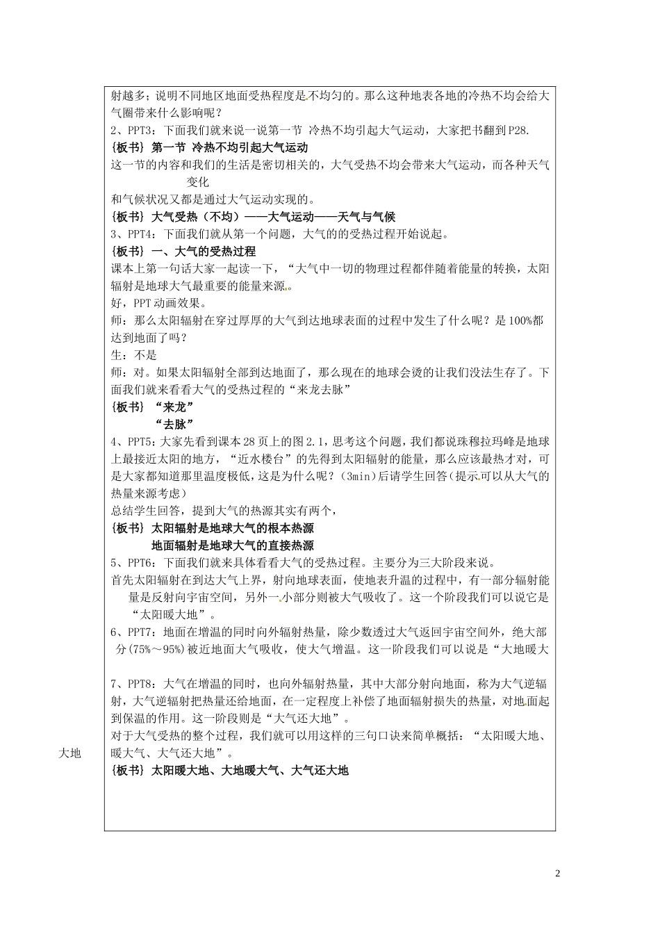 北京市大兴区魏善庄中学2014高中地理 第二章 第一节 冷热不均引起大气运动（第1课时）教学案 新人教版必修1_第2页