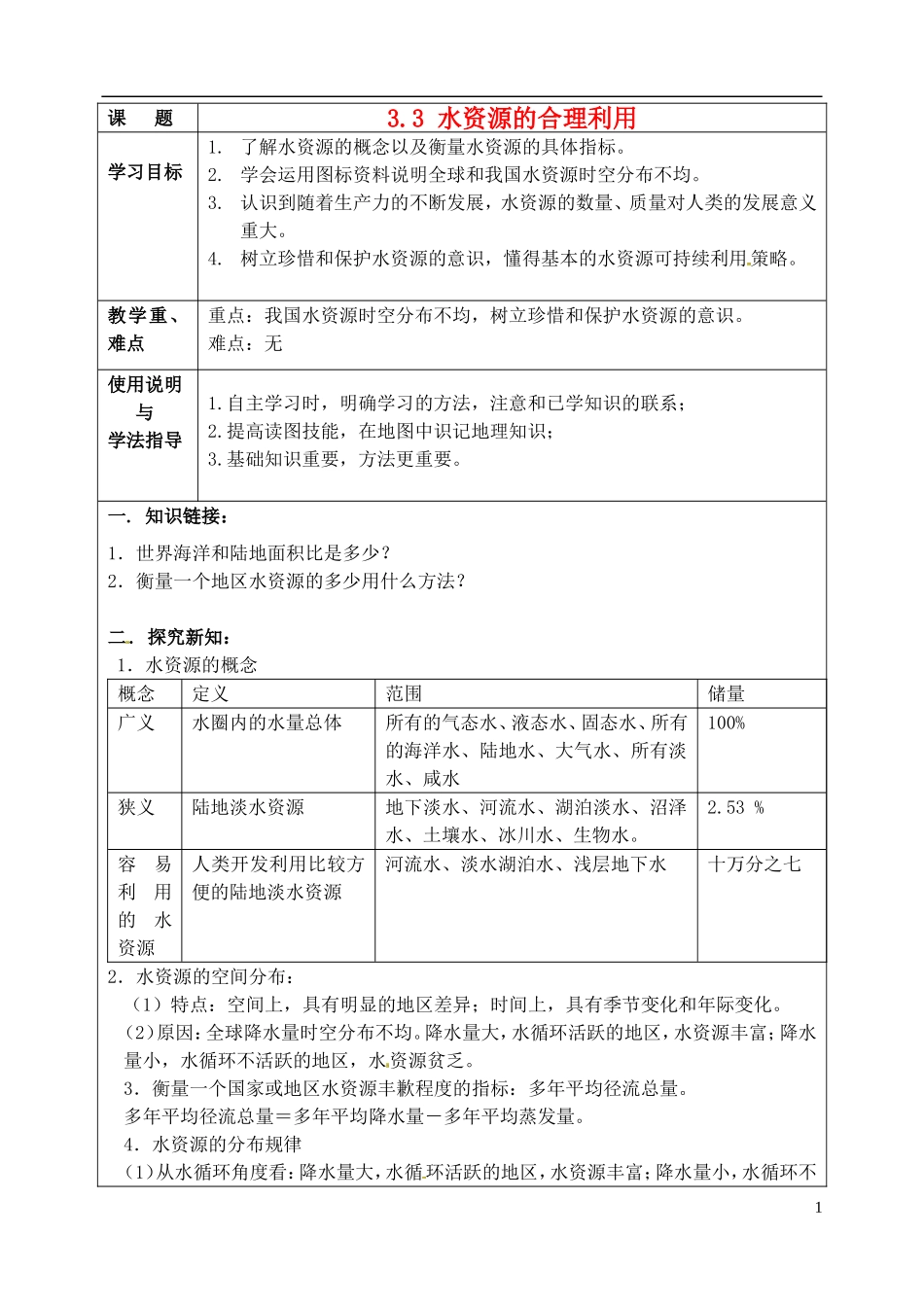 北京市大兴区魏善庄中学2014高中地理 第三章 第三节 水资源的合理利用教学案 新人教版必修1_第1页