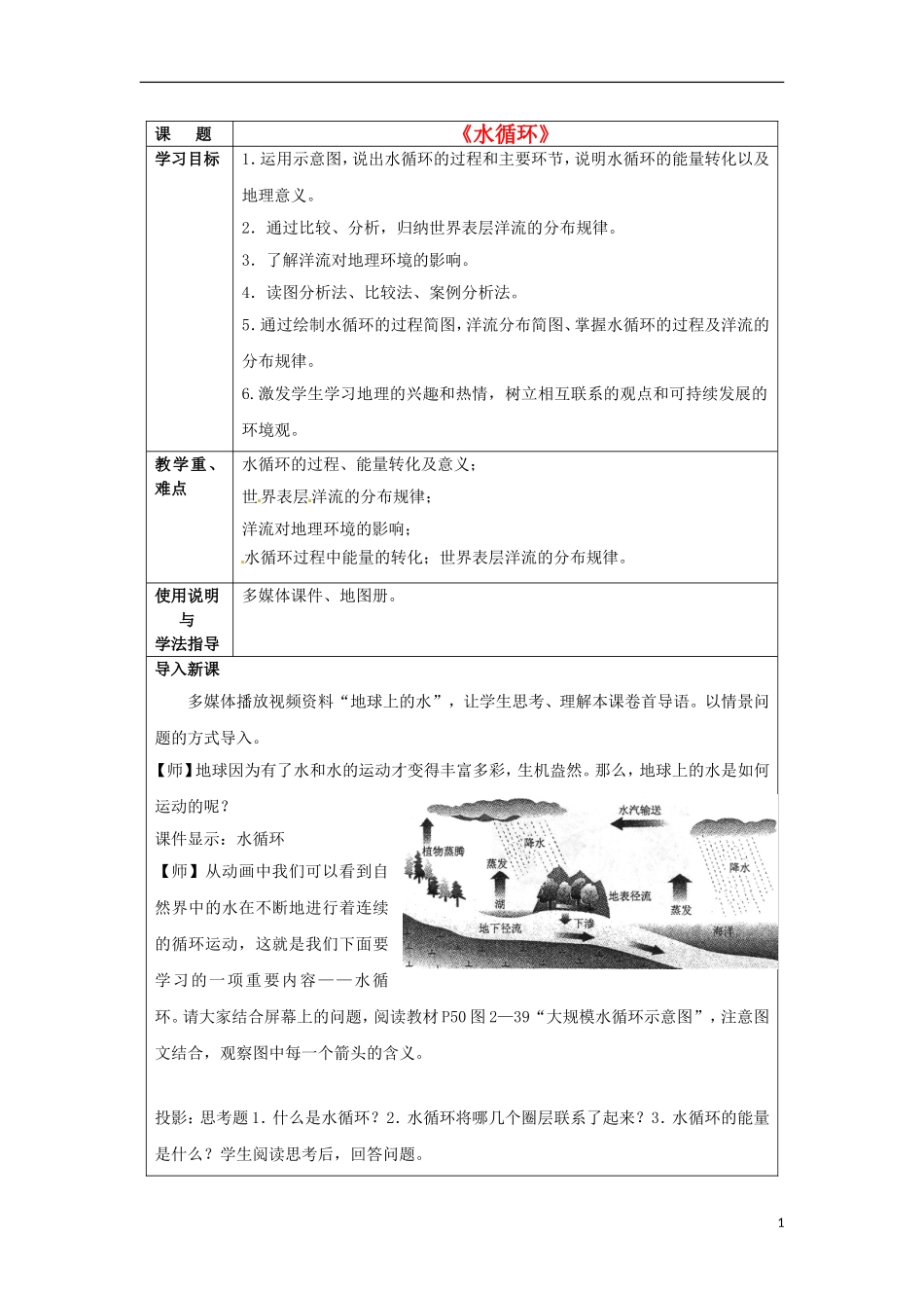 北京市大兴区魏善庄中学2014高中地理 第三章 第一节 水循环（第1课时）教学案 新人教版必修1_第1页
