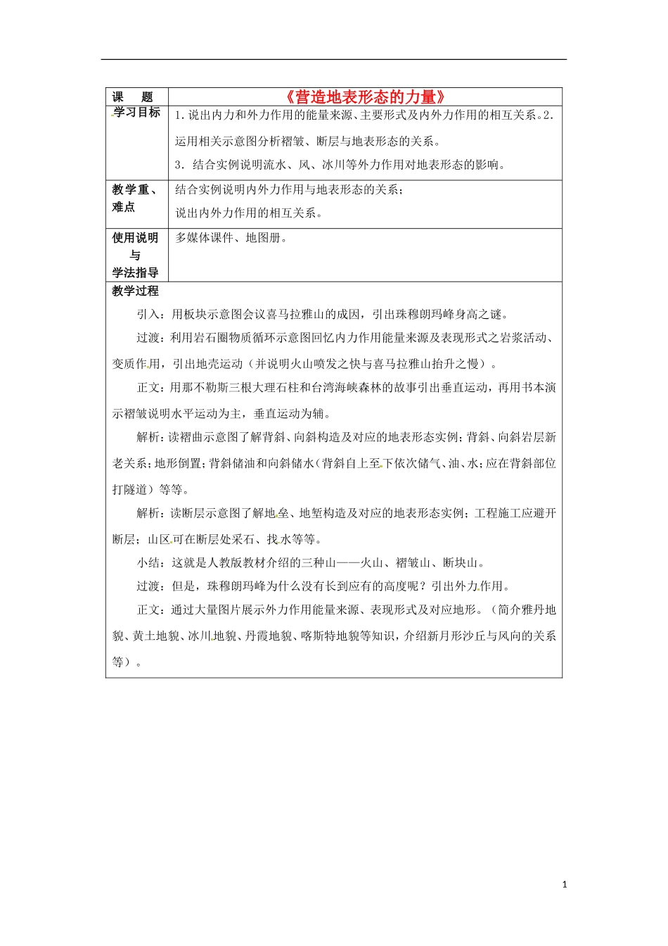 北京市大兴区魏善庄中学2014高中地理 第三章 第一节 营造地表形态的力量教学案 新人教版必修1_第1页
