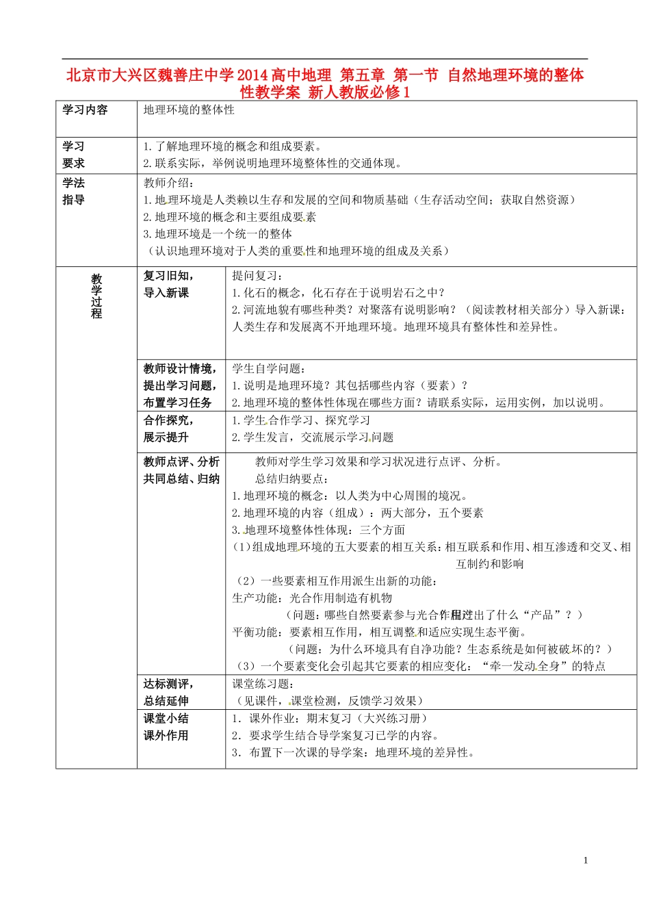 北京市大兴区魏善庄中学2014高中地理 第五章 第一节 自然地理环境的整体性教学案 新人教版必修1_第1页