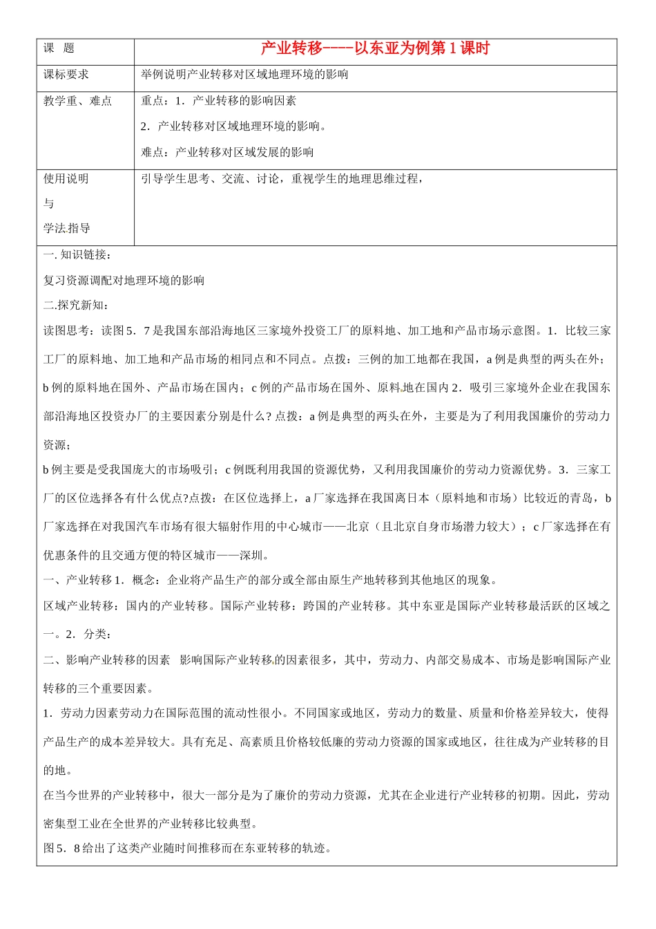 北京市大兴区魏善庄中学高中地理 第五章 第二节 产业转移（第一课时）导学案 新人教版必修3_第1页