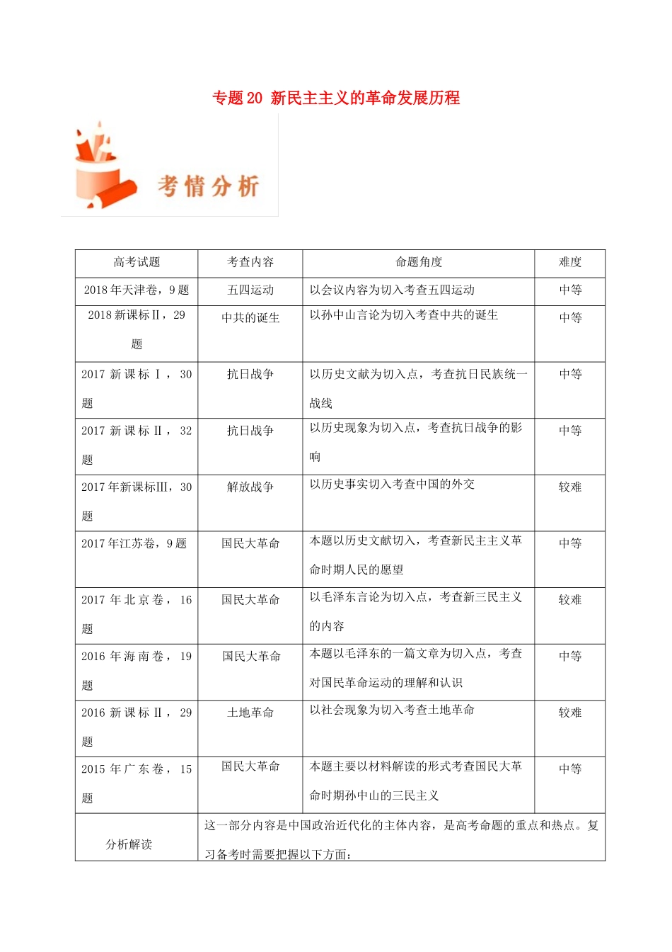 备战高考历史 高频考点解密 专题20 新民主主义的革命发展历程教学案-人教版高三全册历史教学案_第1页