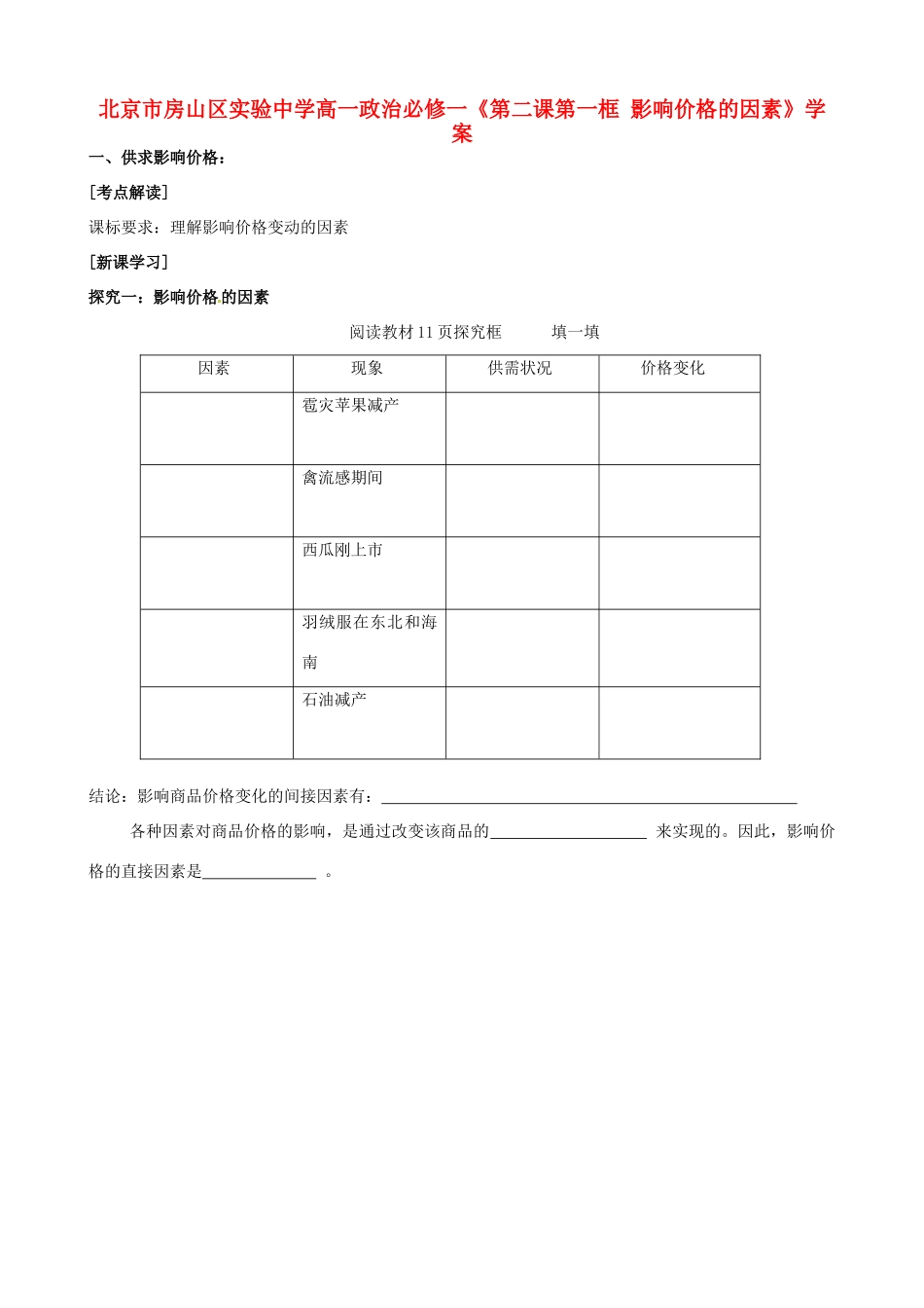 北京市房山区实验中学高中政治《第二课第一框 影响价格的因素》学案 新人教版必修1_第1页
