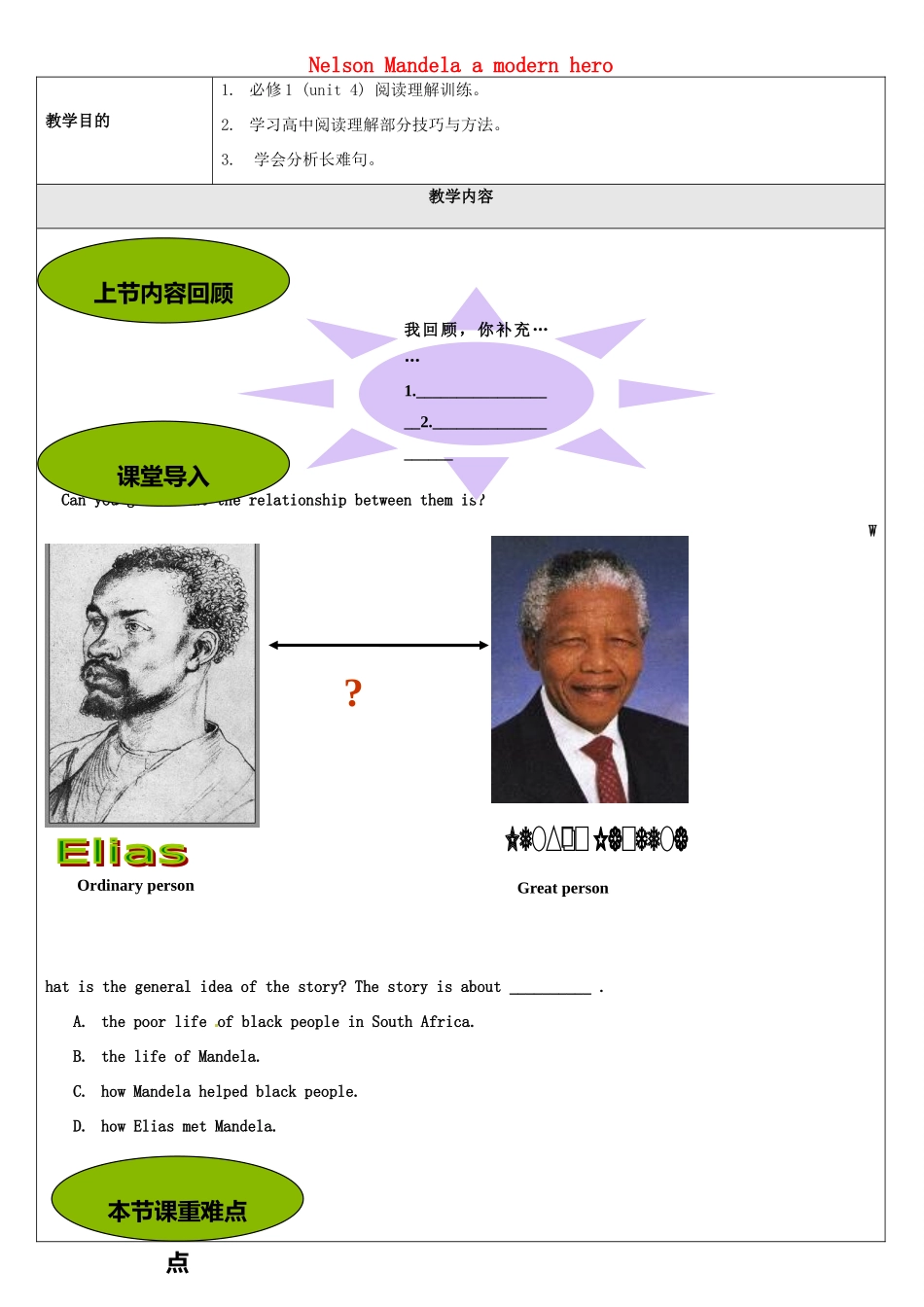 北京聚智堂培训学校2014高中英语 Unit5 Nelson Mandela a modern hero阅读理解讲义_第1页