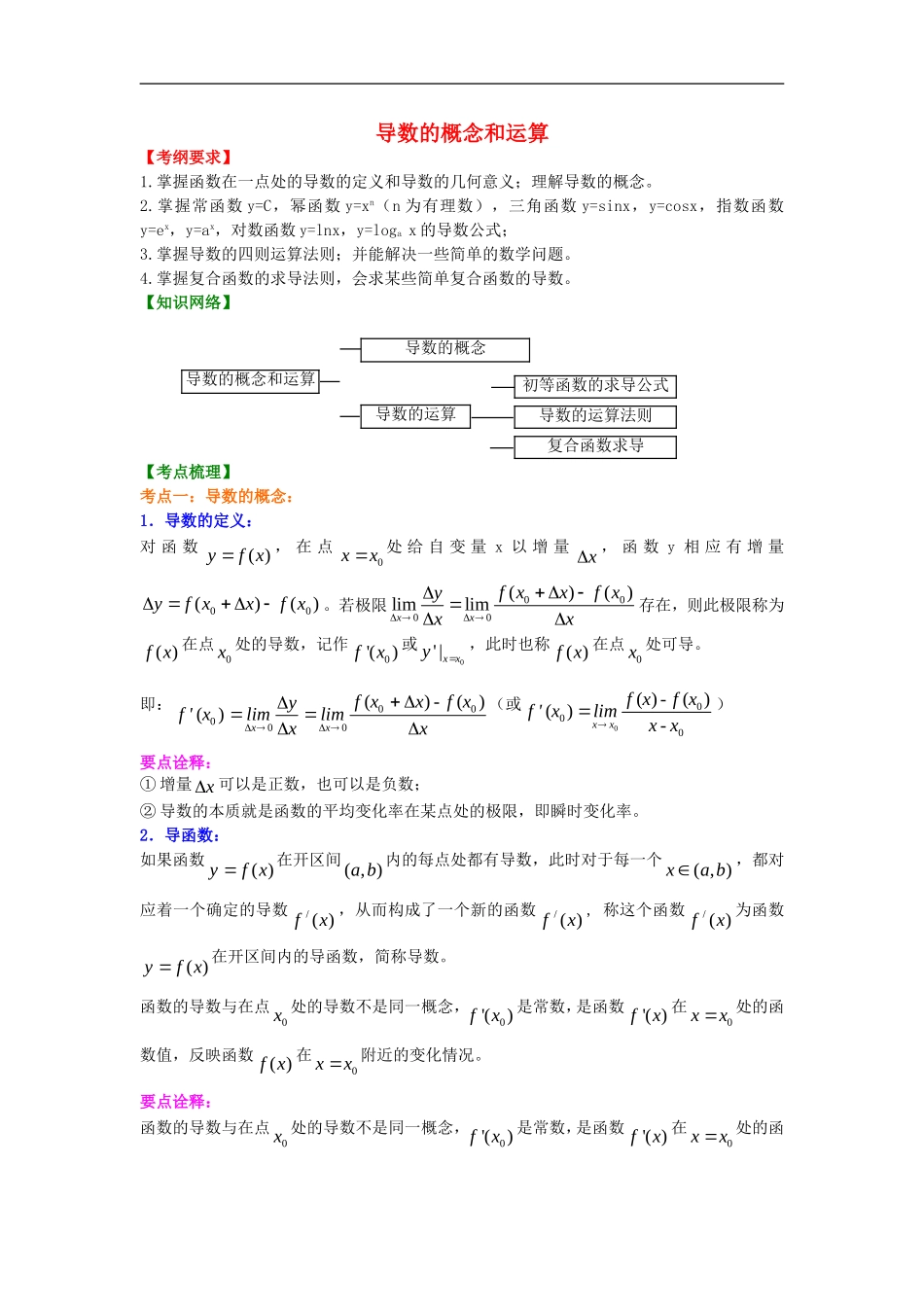 北京四中2014年高考数学总复习 导数的概念和运算知识梳理教案_第1页