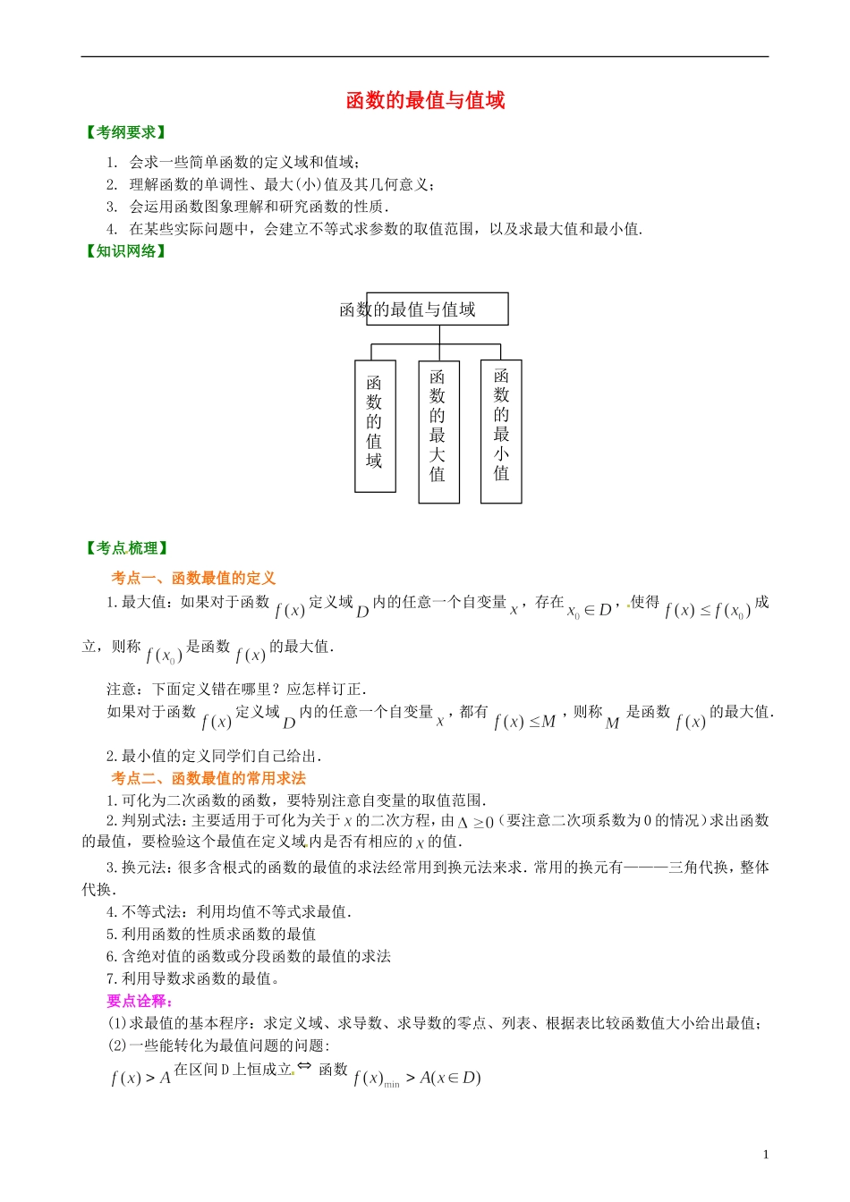北京市第四中学2014届高三数学总复习 函数的最值与值域 知识梳理 新人教A版 _第1页