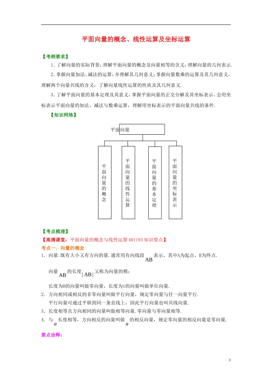 北京四中2014年高考数学总复习 平面向量的概念及线性运算知识梳理教案_第1页