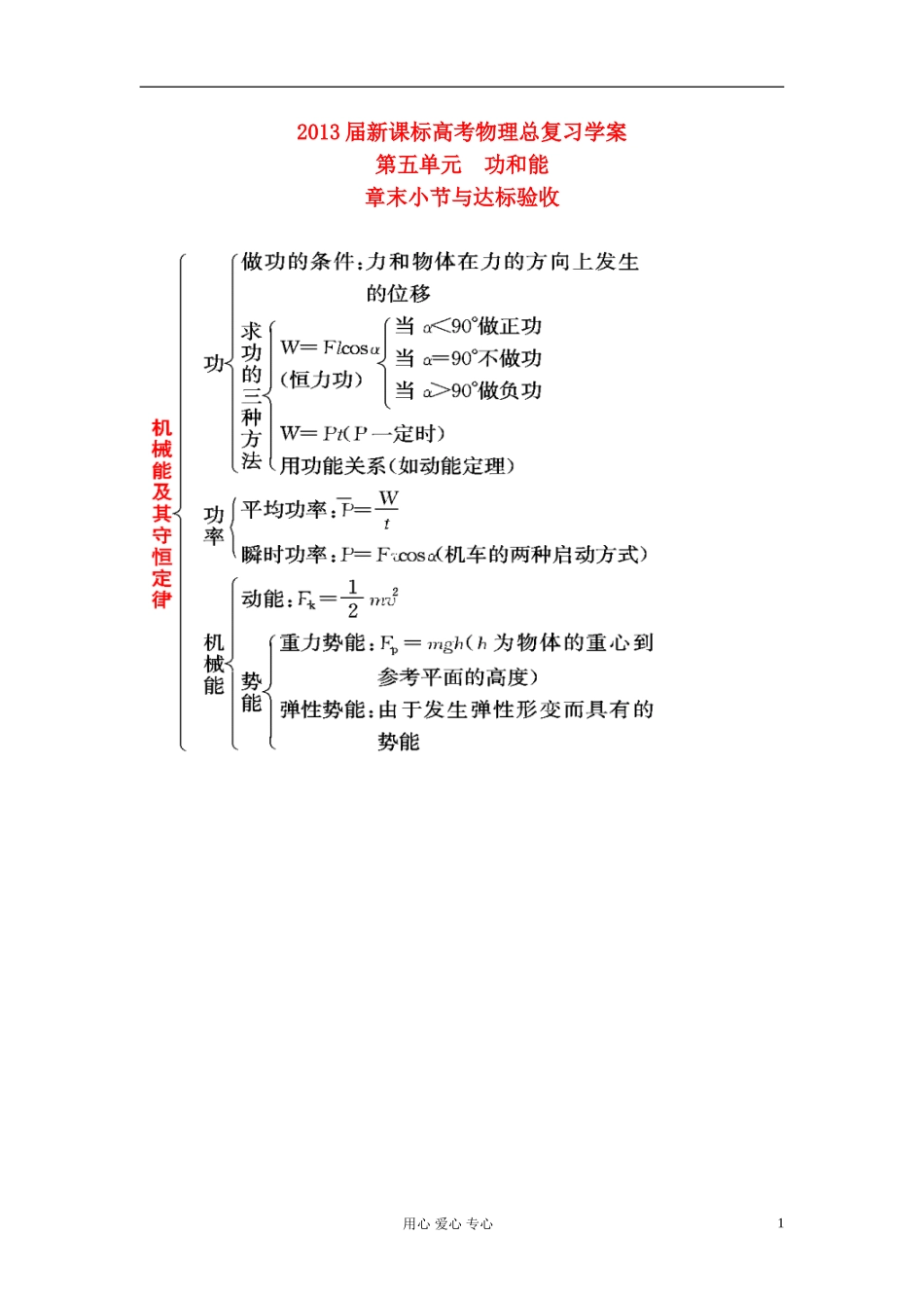 安徽省2013届高考物理总复习 第五单元 功和能 章末小节与达标验收 学案 新课标（北京专版）_第1页