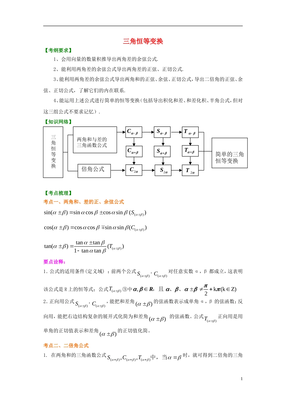 北京四中2014年高考数学总复习 三角恒等变换（基础）知识梳理教案_第1页