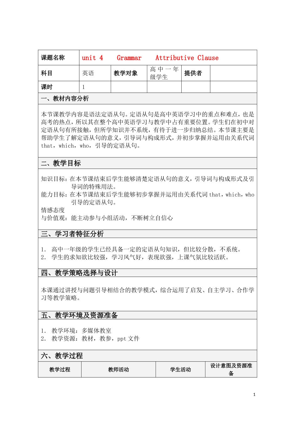 北京首师大大兴附中学案导学教学模式研讨会资料高一英语 unit4 Grammar Attributive Clause 新人教版_第1页