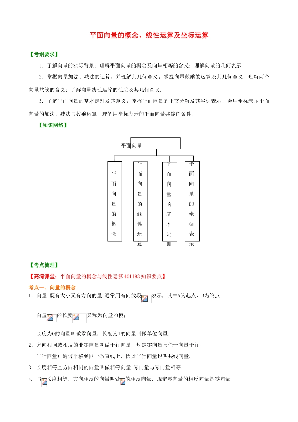 北京四中高考数学总复习 平面向量的概念及线性运算知识梳理_第1页