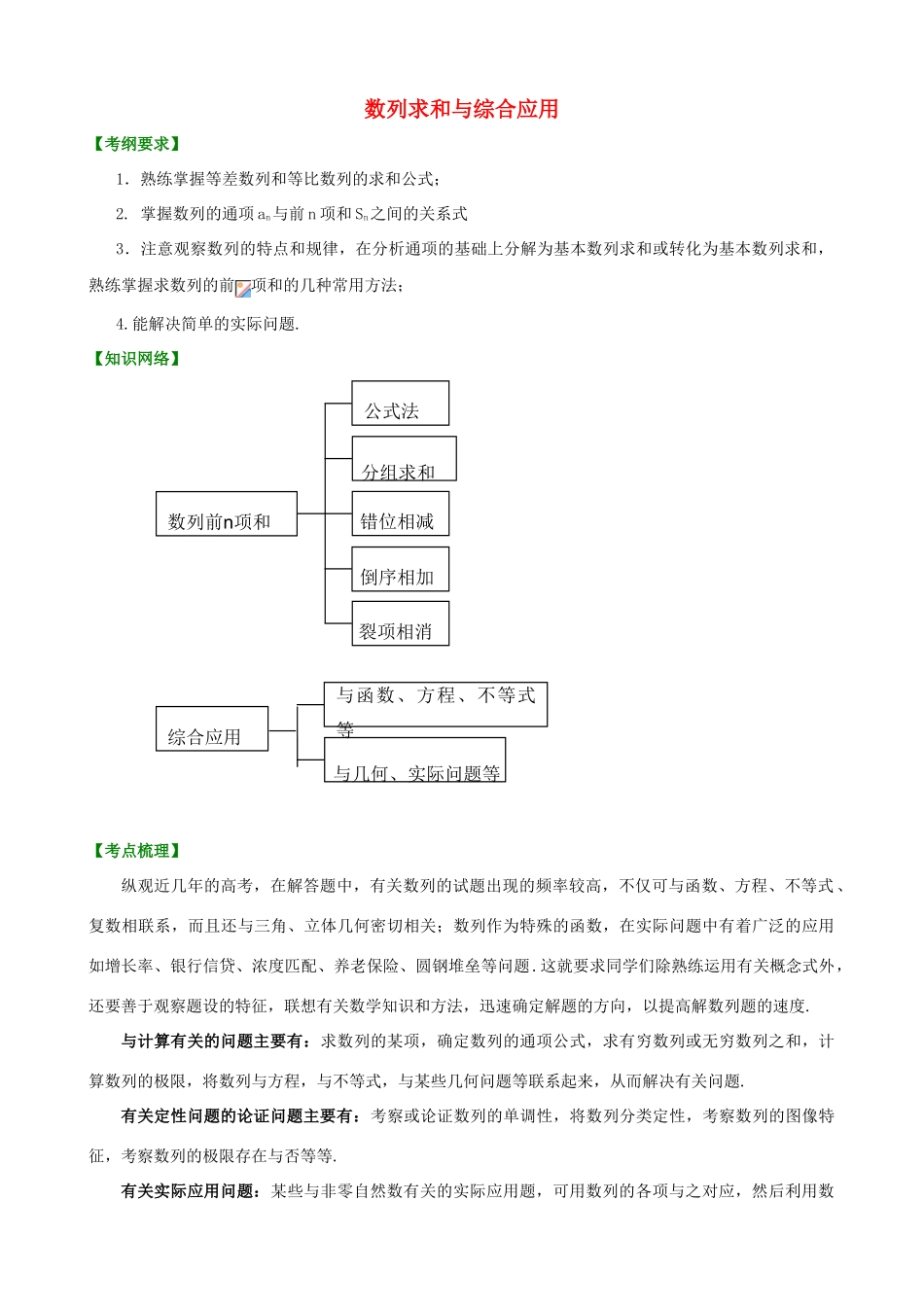 北京四中高考数学总复习 数列求和及其综合应用提高知识梳理_第1页