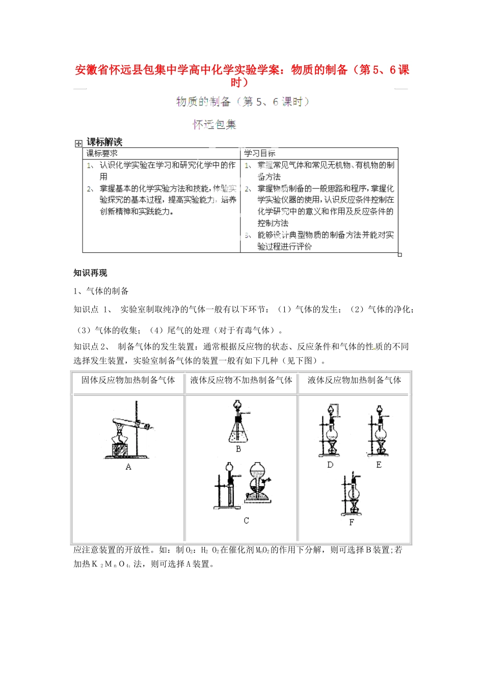 安徽省怀远县包集中学高中化学 物质的制备（第5、6课时）实验学案_第1页