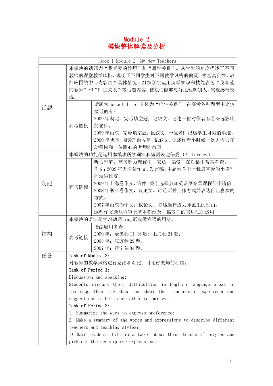 必修1Module 2模块整体解读及分析 _第1页