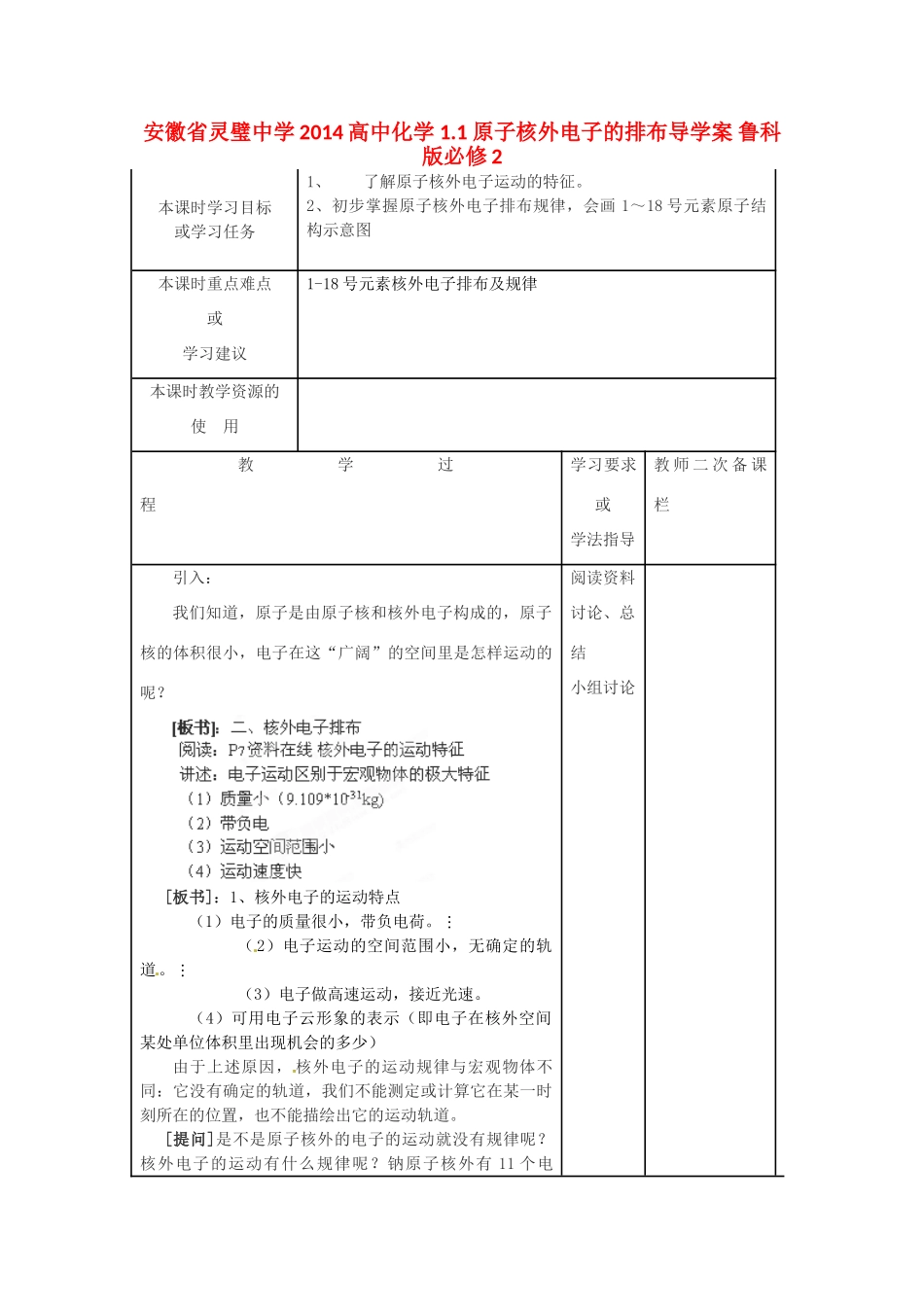 安徽省灵璧中学2014高中化学 1.1 原子核外电子的排布导学案 鲁科版必修2_第1页