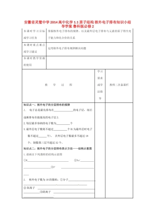 安徽省灵璧中学2014高中化学 1.1 原子结构 核外电子排布知识小结导学案 鲁科版必修2