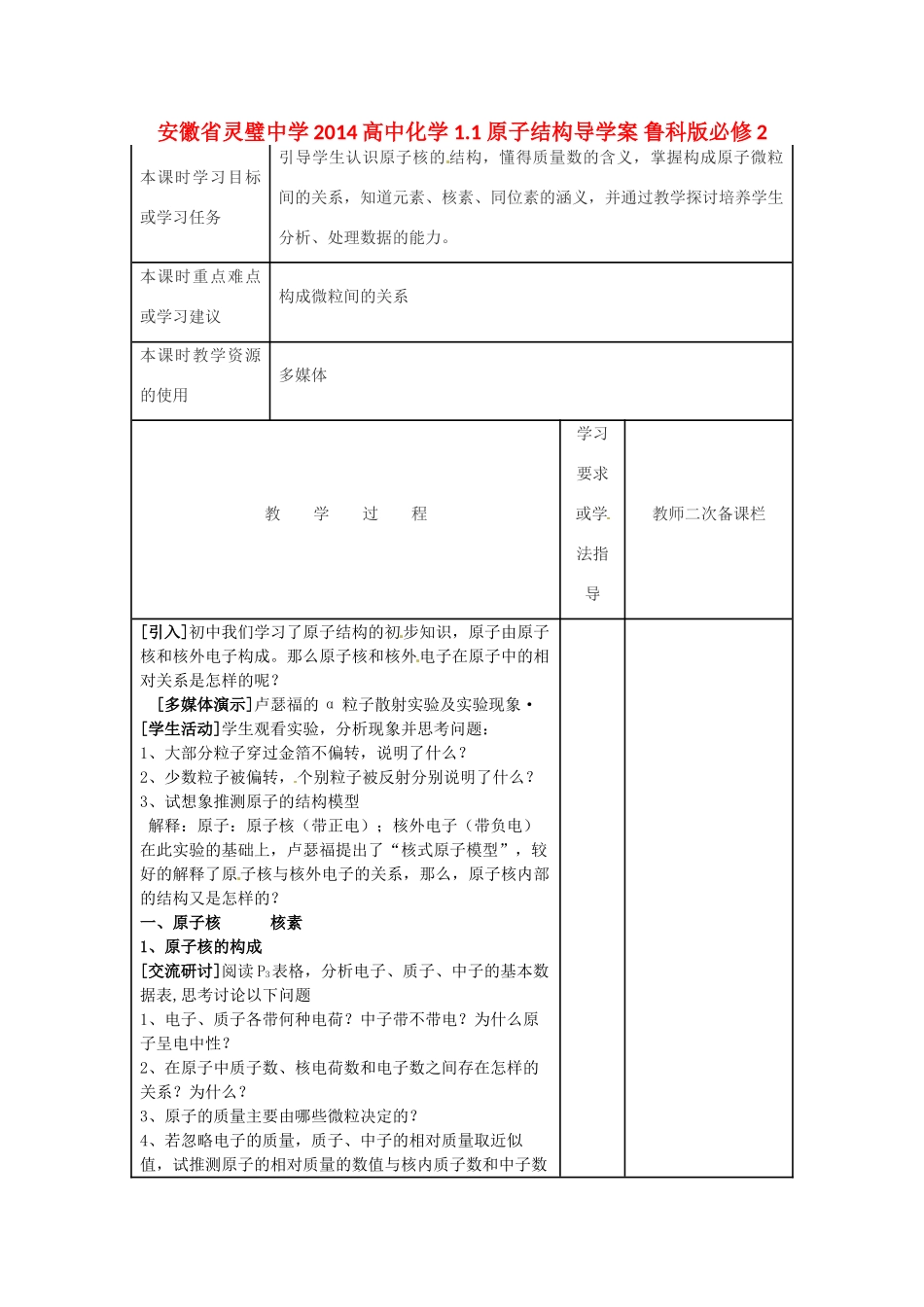 安徽省灵璧中学2014高中化学 1.1 原子结构导学案 鲁科版必修2_第1页