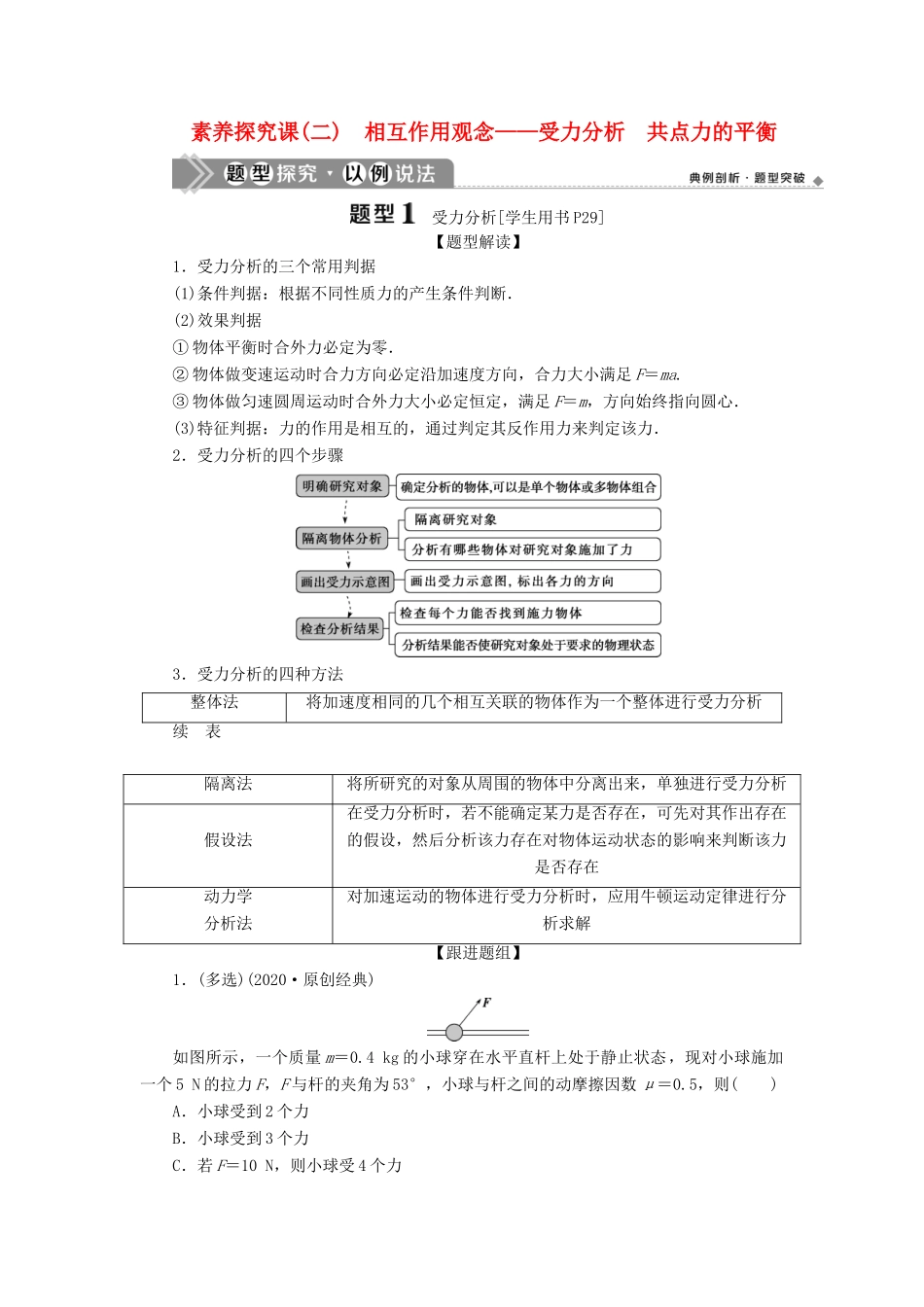 版高考物理一轮复习 第二章 相互作用 3 素养探究课（二）相互作用观念——受力分析 共点力的平衡学案-人教版高三全册物理学案_第1页