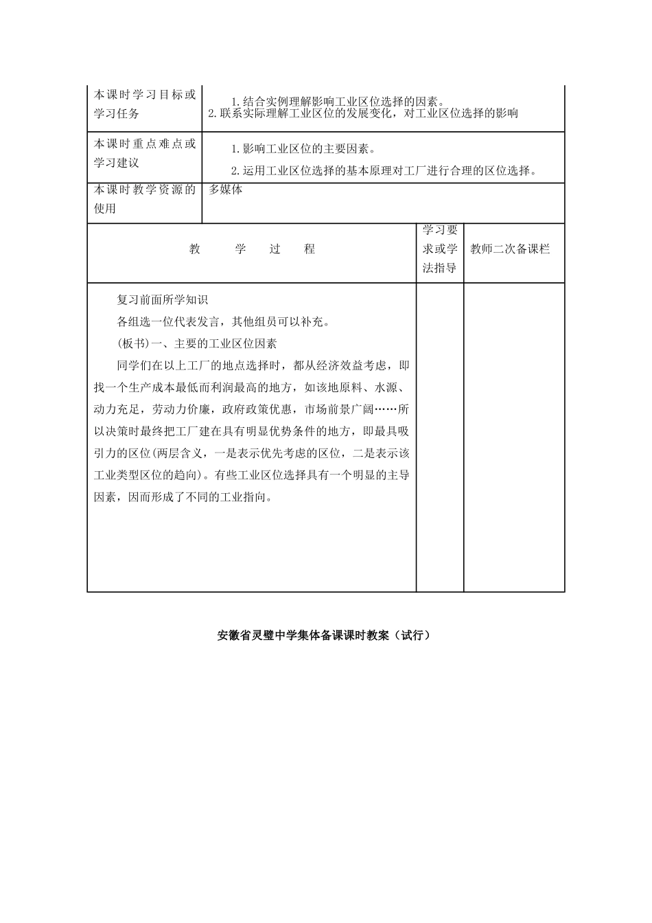 安徽省灵璧中学高一地理 工业地域的形成导学案_第1页