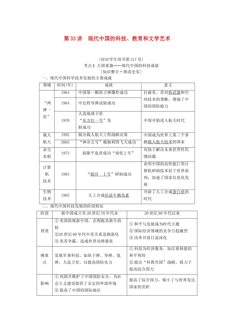 版高考历史一轮复习 模块3 第14单元 近代以来中外科技与文艺的发展历程 第33讲 现代中国的科技、教育和文学艺术教学案（含解析）新人教版-新人教版高三全册历史教学案_第1页