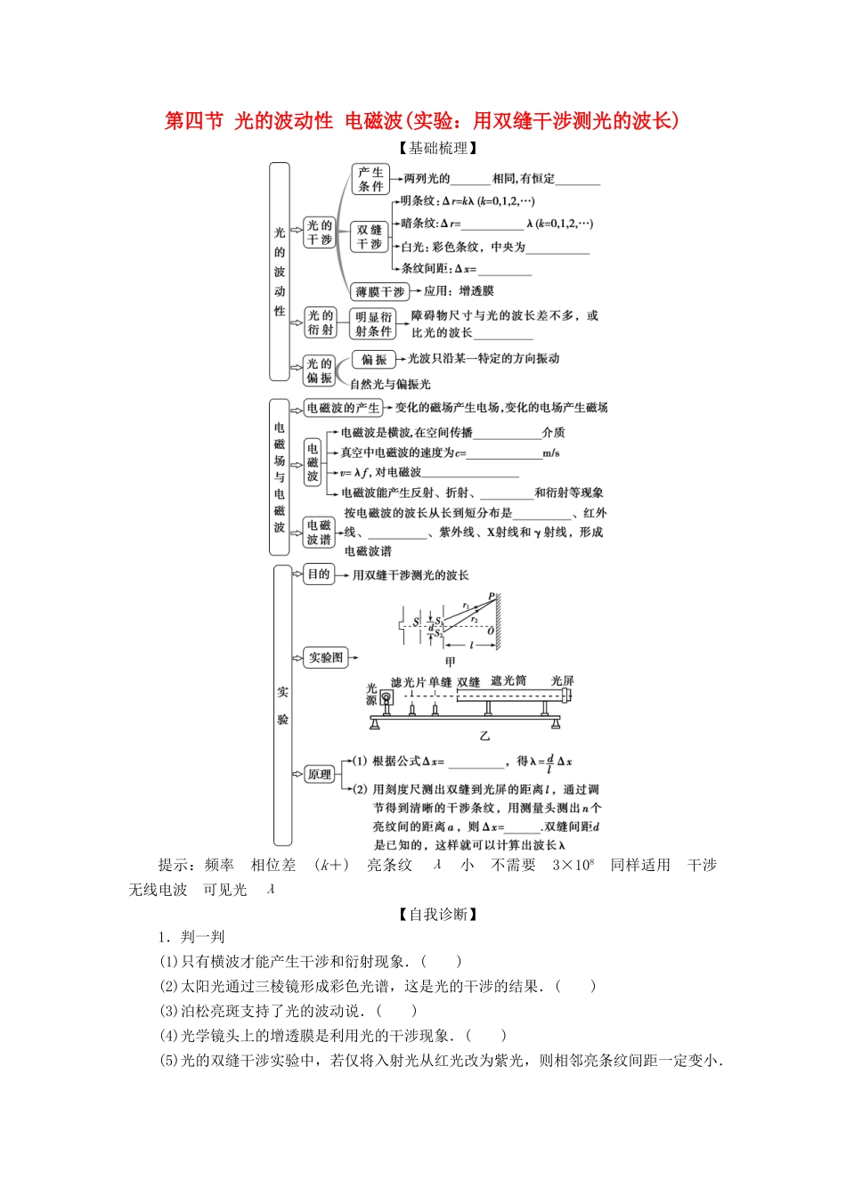 版高考物理一轮复习 第十四章 机械振动与机械波 4 第四节 光的波动性 电磁波（实验：用双缝干涉测光的波长）学案-人教版高三全册物理学案_第1页