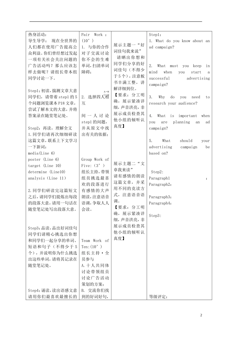 安徽省铜都双语学校2014年高中英语 Unit1 Project How do you build an ad campaign导学案 牛津译林版必修1_第2页