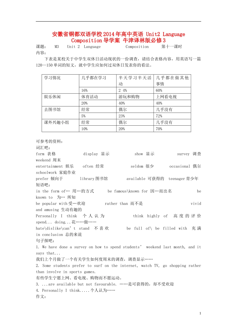安徽省铜都双语学校2014年高中英语 Unit2 Language Composition导学案 牛津译林版必修3_第1页