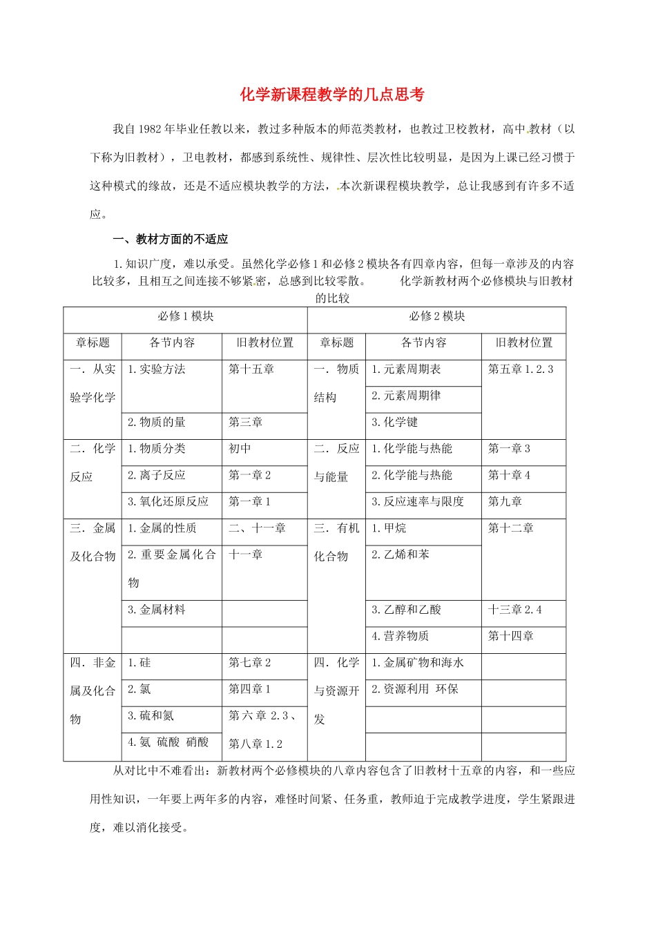 甘肃省临夏河州中学高中化学 新课程教学的几点思考 新人教版_第1页