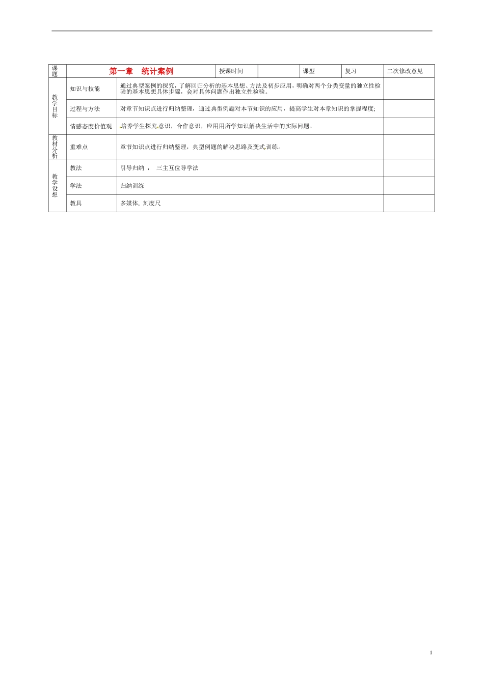 甘肃省庆阳市宁县第五中学高中数学 第一章 统计案例学案 新人教A版选修1-2_第1页