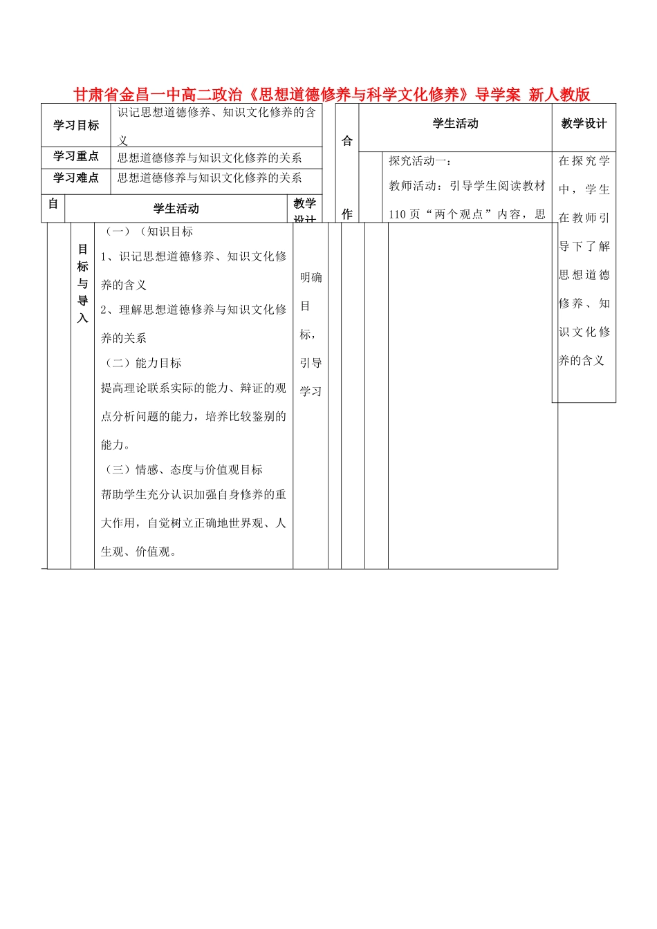 甘肃省金昌一中高二政治《思想道德修养与科学文化修养》导学案 新人教版_第1页