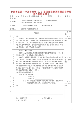 甘肃省金昌一中高中生物 5.1 基因突变和基因重组导学案 新人教版必修2