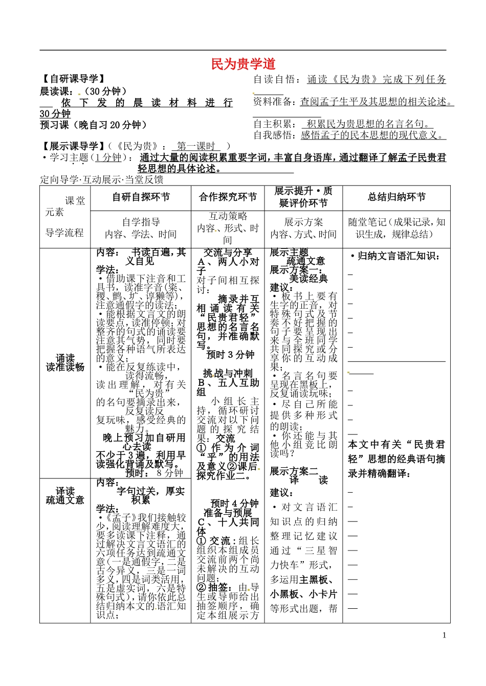 安徽省铜陵市铜都双语学校高三语文 民为贵学道复习学案1_第1页