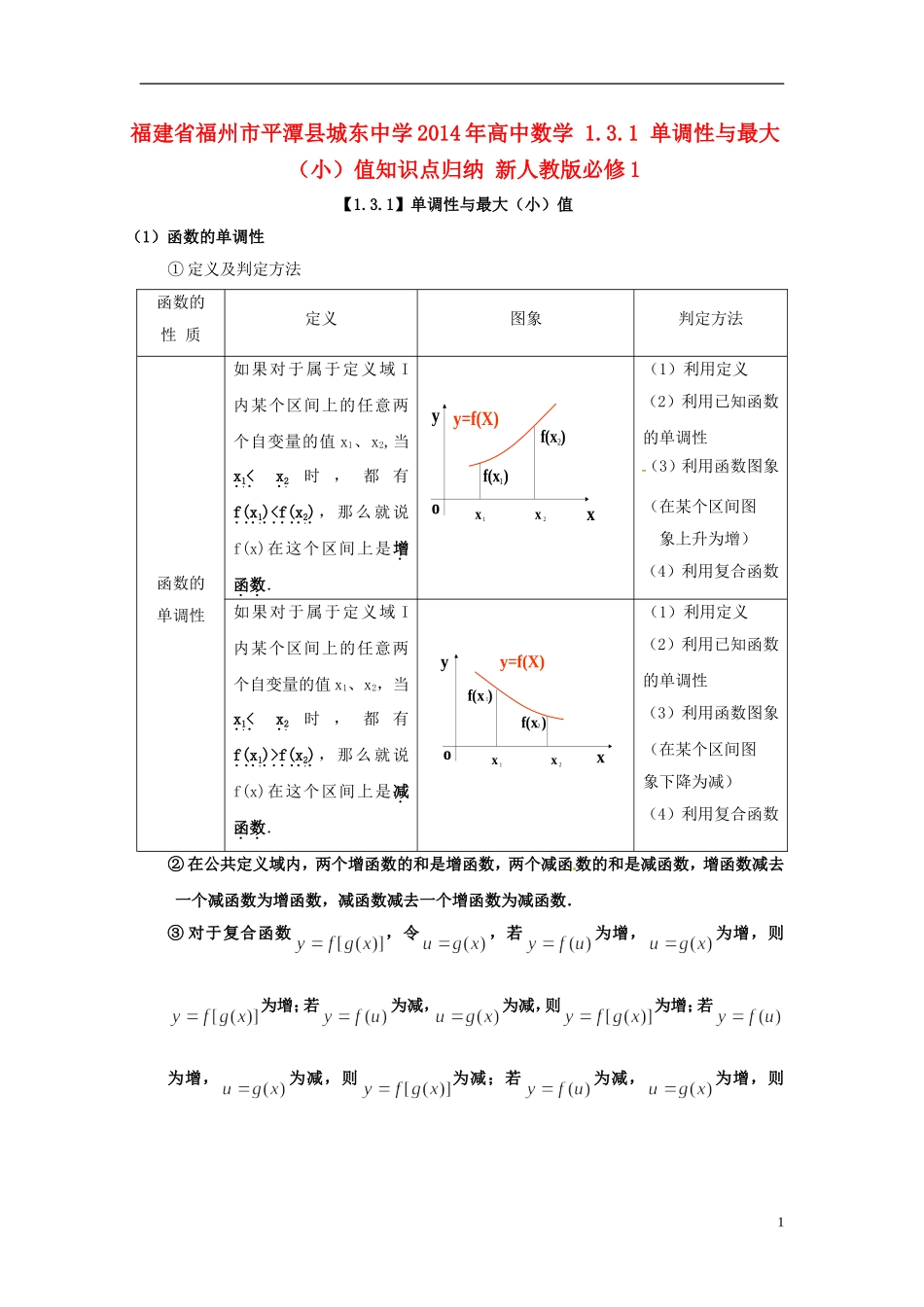 福建省福州市平潭县城东中学2014年高中数学 1.3.1 单调性与最大（小）值知识点归纳 新人教版必修1_第1页