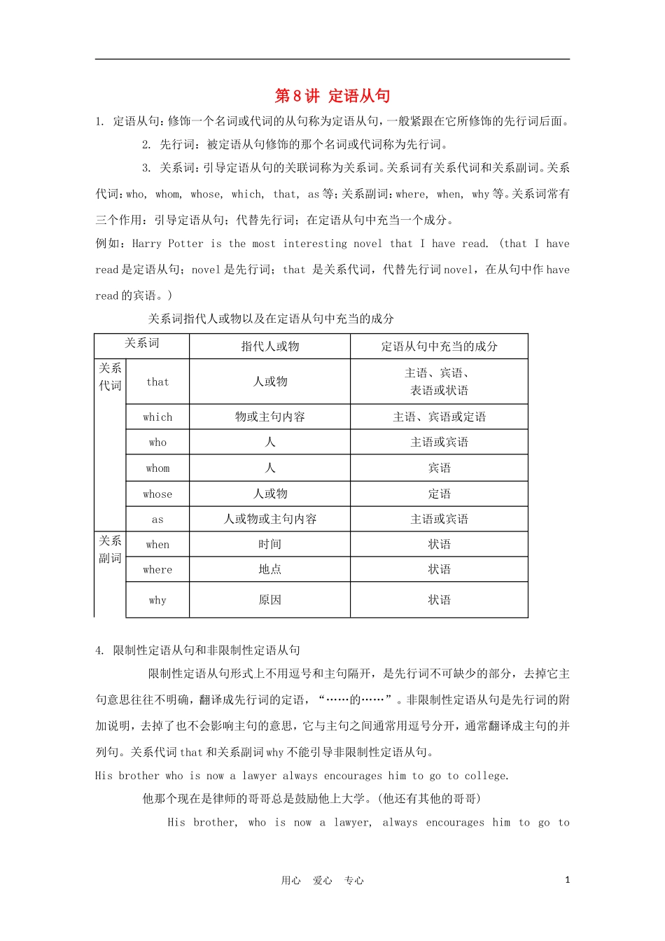 福建省2012届高考英语一轮复习 语法部分 第8讲 定语从句精品学案 新人教版_第1页