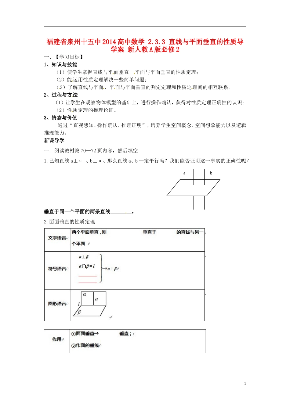 福建省泉州十五中2014高中数学 2.3.3 直线与平面垂直的性质导学案 新人教A版必修2_第1页