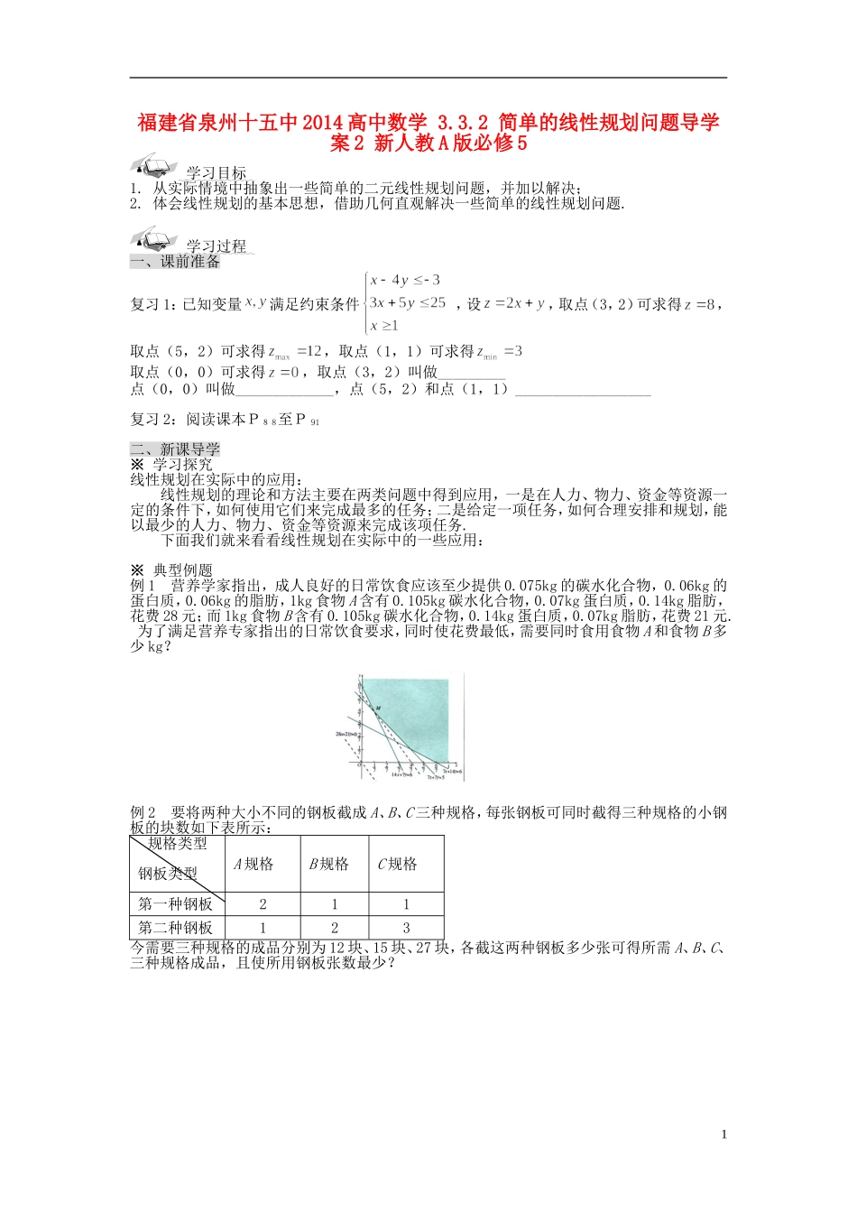福建省泉州十五中2014高中数学 3.3.2 简单的线性规划问题导学案2 新人教A版必修5_第1页