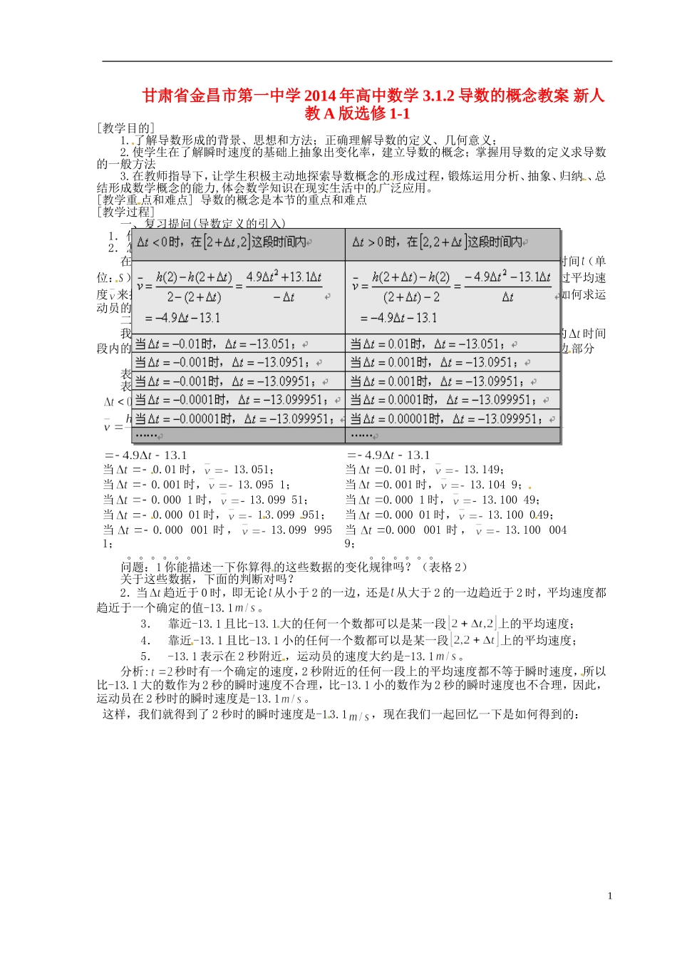 甘肃省金昌市第一中学2014年高中数学 3.1.2导数的概念教案 新人教A版选修1-1_第1页