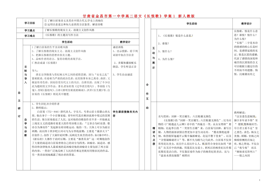 甘肃省金昌市第一中学高二语文《长恨歌》学案1 新人教版_第1页