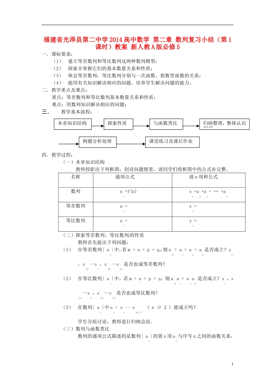 福建省光泽县第二中学2014高中数学 第二章 数列复习小结（第1课时）教案 新人教A版必修5_第1页