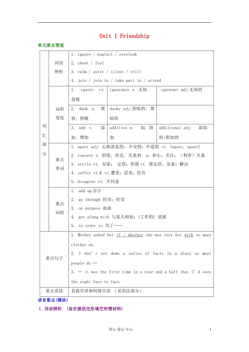 甘肃省金昌市第一中学高一英语《Unit 1 Friendship》单元重点学案_第1页