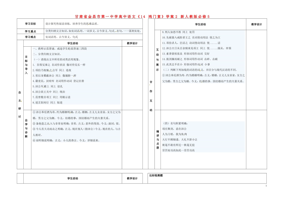 甘肃省金昌市第一中学高中语文《14 鸿门宴》学案2 新人教版必修5_第1页