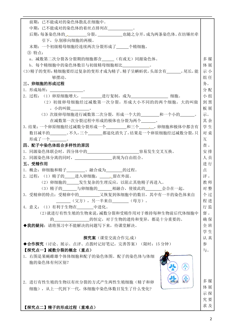 福建省泉州市十五中2014高中生物 2.1 减数分裂和受精作用导学案 新人教版必修2_第2页
