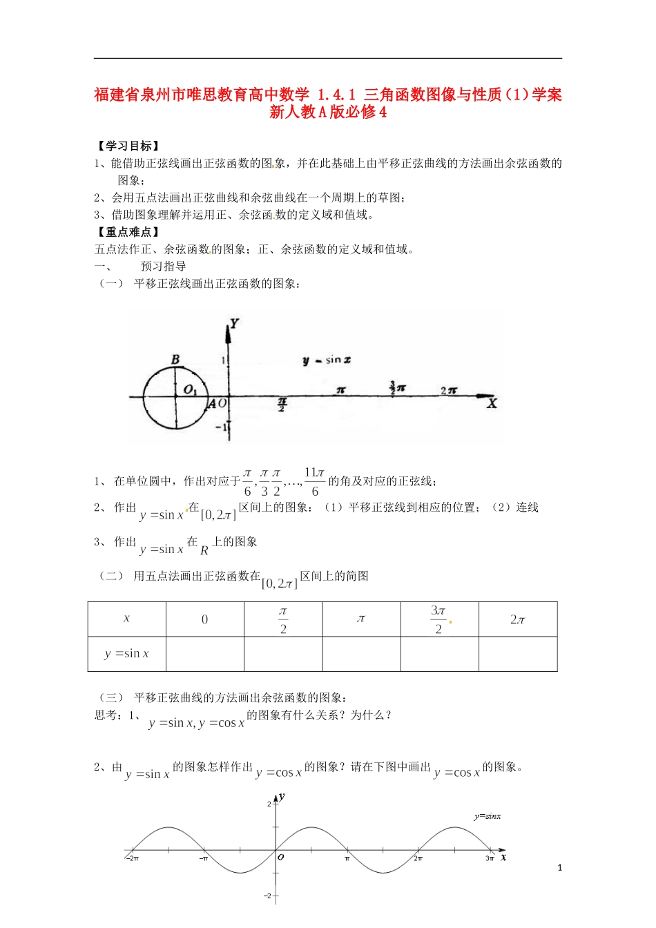 福建省泉州市唯思教育高中数学 1.4.1 三角函数图像与性质（1）学案 新人教A版必修4_第1页