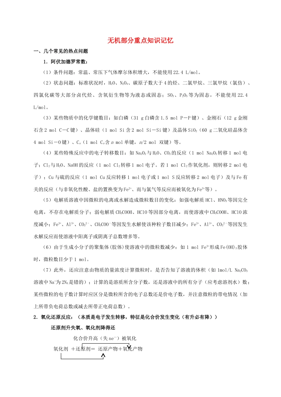 福建省上杭县高三化学 无机部分重点知识记忆-人教版高三全册化学素材_第1页