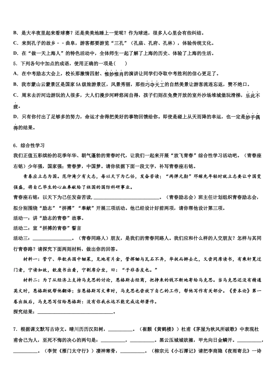华东师大版重点中学中考语文对点突破模拟试卷含解析_第2页
