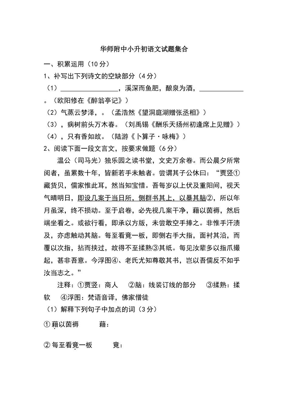 华师附中小升初语文试题集合_第1页
