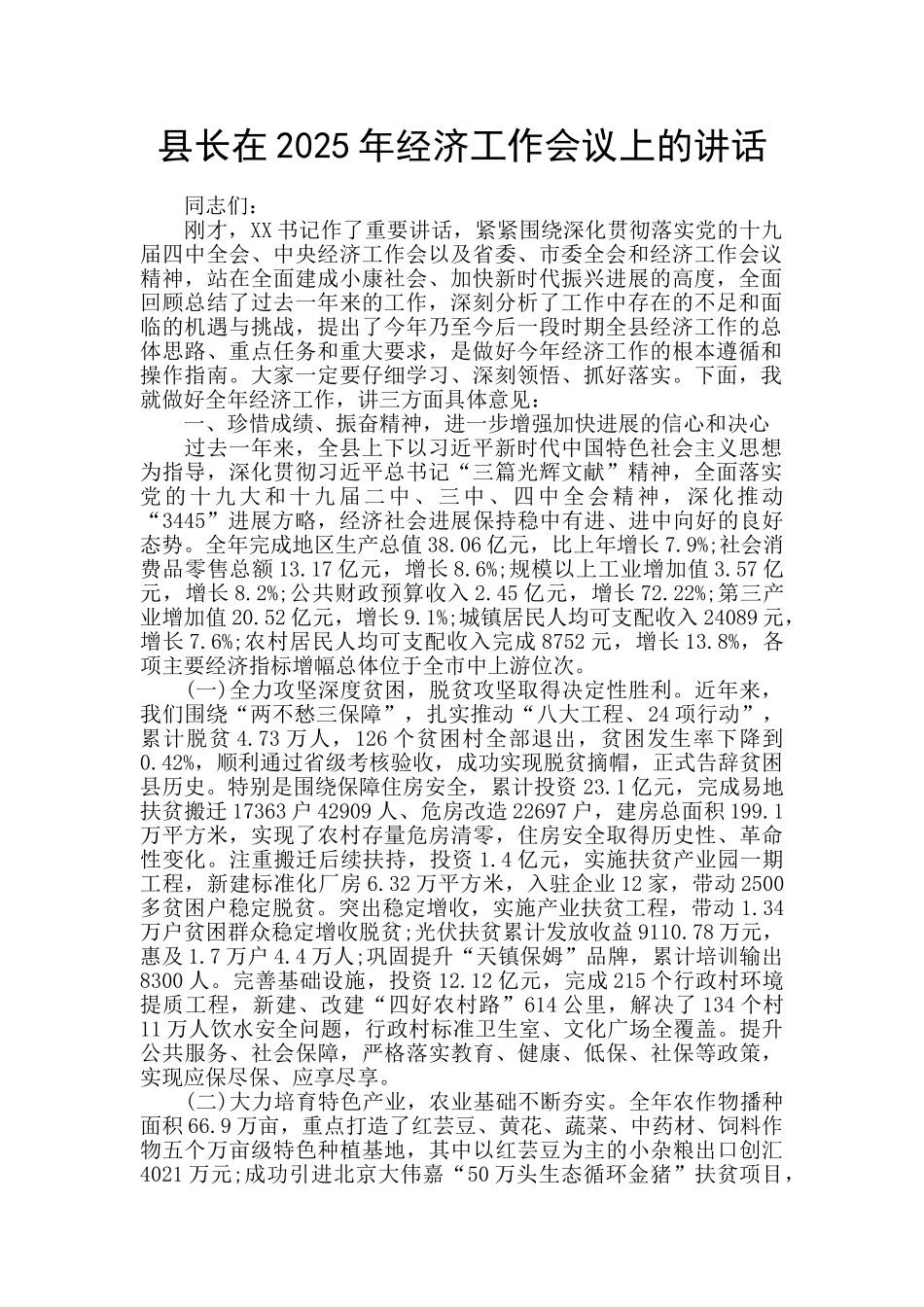 县长在2025年经济工作会议上的讲话_第1页